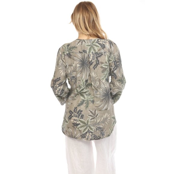 Taupe Leaf Print V-Neck Button Top - Picture 6 of 7